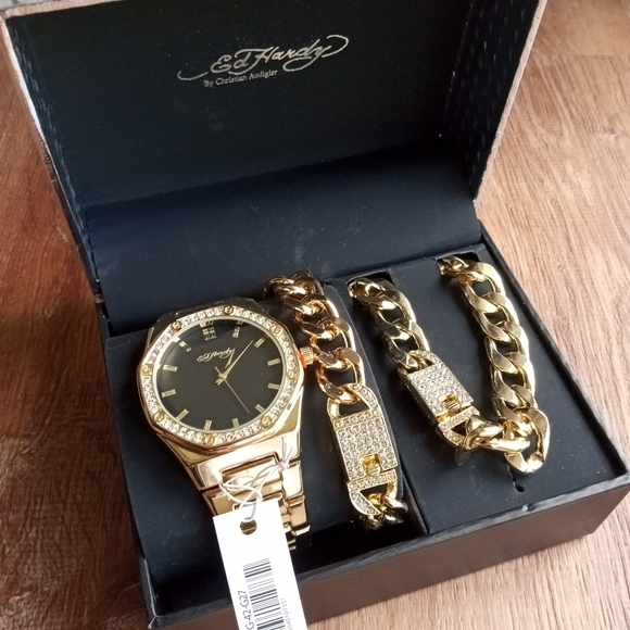 Ed Hardy Men's Gold Tone Metal Alloy Cuban Chain, Bracelet & Watch Gift Set - Picture 2 of 9